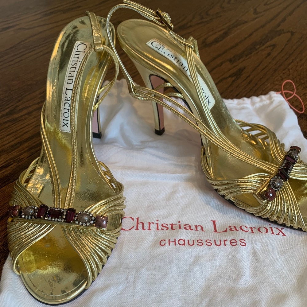 Christian Lacroix Gold Strappy Beaded Heels